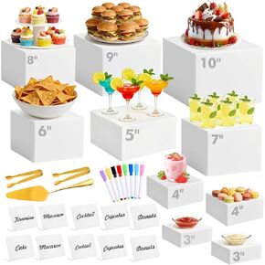 10 قطع من أدوات رفع البوفيه مع لافتة صغيرة وملقط تقديم الطعام، حامل عرض الطعام من الأكريليك الأبيض لطاولات البوفيه وحفلات تقديم الطعام وصناديق تعشيش الحلوى مع قاعدة مجوفة (10"، 9"، 8"، 7"، 6"، 5"، 5"، 4"، 4"، 3") in Kuwait