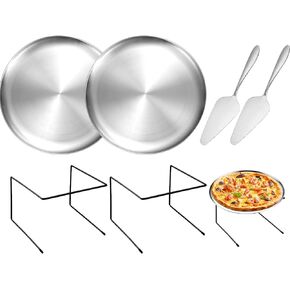 GRETJOB 12 Pcs Pizza Pan Riser Stand Set, 4 Metal Pizza Table Stands + 4 Nonstick Pizza Pans + 4 Pie Servers, Gold Pizza Rack & Tray for Baking, Dessert, Cheese, Party, and Restaurant Use (Gold) in Kuwait