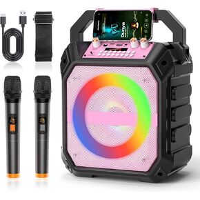 Karaoke Machine with 2 Wireless Microphones, Portable Bluetooth Speaker with RGB Strobe Lights, PA System Supports TWS/USB/TF/REC/AUX, Karaoke Speaker for Adults & Kids, Pink in Kuwait