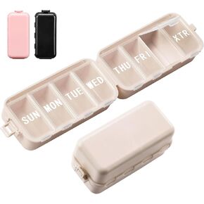 NEW Foldable Weekly Pill Organizer with Extra Grid, Portable 7 Day Pill Box Once / 1 Time a Day, Week Daily Medicine Organizer - Large Travel Pill Case Holder Dispenser for Vitamin, Supplement-Khaki in Kuwait