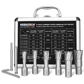 KEENTECH 14-PC Carbide-Tipped Annular Cutter Set, 7/16" to 1-1/16" Cutting Diameter, 1-3/8" Cutting Depth, 1/4" Weldon Shank Mag Drill Bits Kit, 3pcs Pilot Pins& 1pc Hex Wrench Included in Kuwait