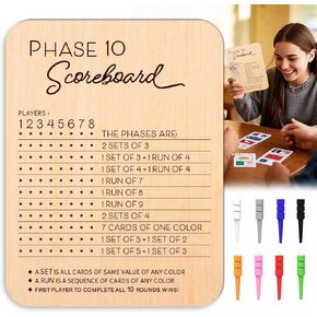 Phase 10 Score Board, Wooden Scoreboard for Phase 10 Card Game with 8 Colored Cribbage Pegs, Fun Board Card Games Accessories for Adults, Families, Parties & Travel in Kuwait