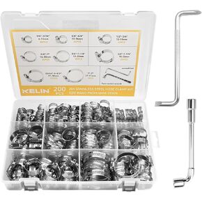 KELIN 202PCS 304 Stainless Steel Hose Clamp Kit, 8 Sizes from 1/4" to 2" (6-51mm) Adjustable Worm Gear Clamps with Socket Wrench & Screwdriver, Automotive Fuel Line Water Pipe Clamps Assortment Set in Kuwait