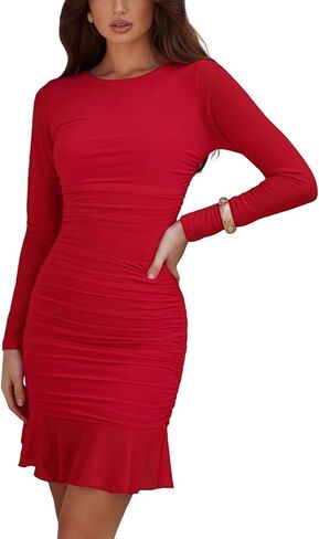 فستان قصير مثير مكشكش للنساء من firfig، فستان قصير شبكي بأكمام طويلة وحاشية مكشكشة وحفلات الكوكتيل in Kuwait