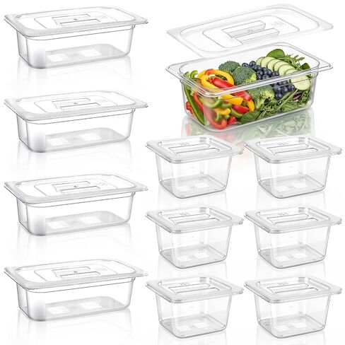 Sliner 10 Pack Plastic Clear Food Pans with Lids, Including 6 x 1/6 Size and 4 x 1/3 Size, 4 Inches Deep, Stackable and Freezer Safe Commercial Food Storage Containers for Fridge Salad Polycarbonat in Kuwait