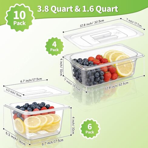 Sliner 10 Pack Plastic Clear Food Pans with Lids, Including 6 x 1/6 Size and 4 x 1/3 Size, 4 Inches Deep, Stackable and Freezer Safe Commercial Food Storage Containers for Fridge Salad Polycarbonat in Kuwait