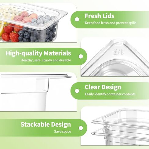 Sliner 10 Pack Plastic Clear Food Pans with Lids, Including 6 x 1/6 Size and 4 x 1/3 Size, 4 Inches Deep, Stackable and Freezer Safe Commercial Food Storage Containers for Fridge Salad Polycarbonat in Kuwait