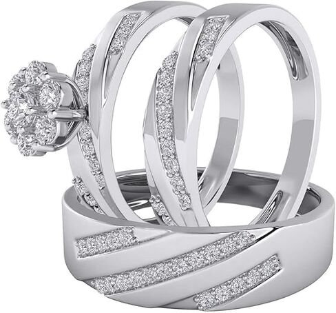 Jewels Pretty 0.42 قيراط (CTW) مقطوع جولة أبيض طبيعي من الماس 3 صفوف من الزفاف الرجال والنساء مجموعات رنين ثلاثية في مجوهرات الذهب 10 له وله (H-I Color ، I1-I2 Clarity) in Kuwait
