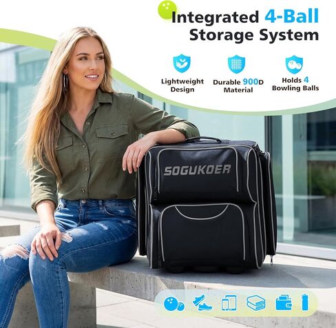حقيبة بولينج ذات 4 كرات مع عجلات، حجرة رئيسية مدمجة، حقيبة بولينج شديدة التحمل 900D مع حجرة للأحذية، مقبض تلسكوبي، جيوب متعددة للملحقات للسفر في بطولة الدوري in Kuwait