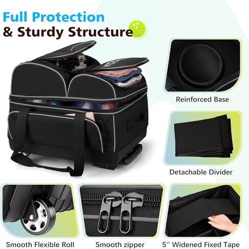 حقيبة بولينج ذات 4 كرات مع عجلات، حجرة رئيسية مدمجة، حقيبة بولينج شديدة التحمل 900D مع حجرة للأحذية، مقبض تلسكوبي، جيوب متعددة للملحقات للسفر في بطولة الدوري in Kuwait