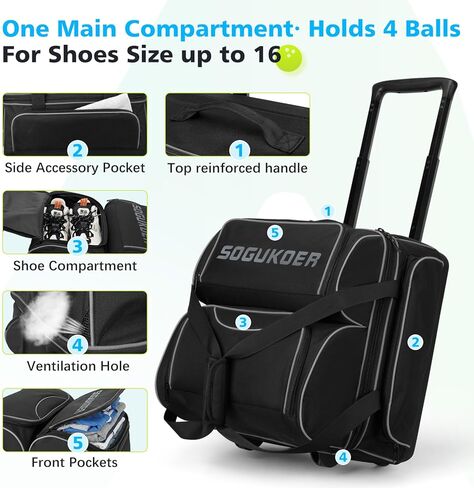 حقيبة بولينج ذات 4 كرات مع عجلات، حجرة رئيسية مدمجة، حقيبة بولينج شديدة التحمل 900D مع حجرة للأحذية، مقبض تلسكوبي، جيوب متعددة للملحقات للسفر في بطولة الدوري in Kuwait