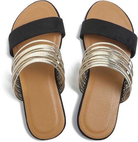 صندل نسائي مسطح بأشرطة معدنية صندل صيفي منزلق حذاء كاجوال in Kuwait