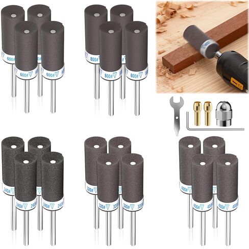 طقم طبول سنفرة مكون من 25 قطعة مع ظرف مثقاب، 240/320/400/600/800 حصى عصا ورق الصنفرة مع ساق 1/8 بوصة لأداة دريميل الدوارة لإزالة الصدأ المعدني/طحن الحجر/تلميع اليشم in Kuwait