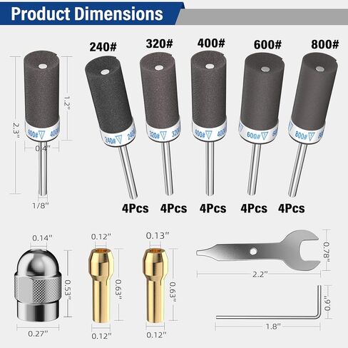 طقم طبول سنفرة مكون من 25 قطعة مع ظرف مثقاب، 240/320/400/600/800 حصى عصا ورق الصنفرة مع ساق 1/8 بوصة لأداة دريميل الدوارة لإزالة الصدأ المعدني/طحن الحجر/تلميع اليشم in Kuwait