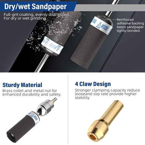 طقم طبول سنفرة مكون من 25 قطعة مع ظرف مثقاب، 240/320/400/600/800 حصى عصا ورق الصنفرة مع ساق 1/8 بوصة لأداة دريميل الدوارة لإزالة الصدأ المعدني/طحن الحجر/تلميع اليشم in Kuwait