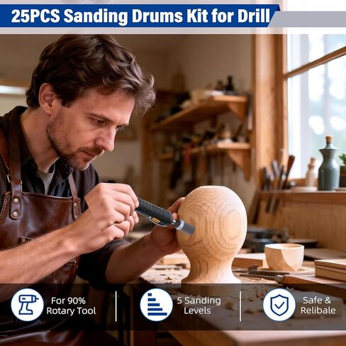 طقم طبول سنفرة مكون من 25 قطعة مع ظرف مثقاب، 240/320/400/600/800 حصى عصا ورق الصنفرة مع ساق 1/8 بوصة لأداة دريميل الدوارة لإزالة الصدأ المعدني/طحن الحجر/تلميع اليشم in Kuwait