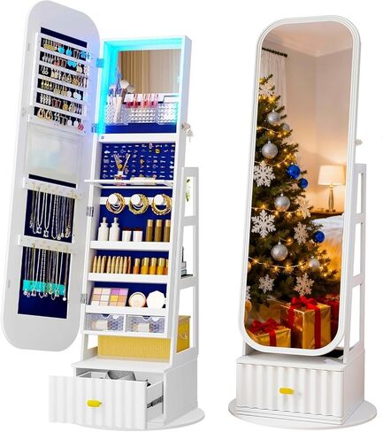 LVSOMT LED Mirror Jewelry Cabinet Standing, Jewelry Armoire Organizer with Full Length Mirror, 360°Swivel Mirror with Jewelry Storage and Large Wooden Drawer (Pristine White) in Kuwait