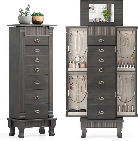 Giantex Standing Jewelry Armoire Cabinet Storage Chest with 7 Drawers, 2 Side Doors, 12 Necklace Hooks, Makeup Mirror and Top Divided Storage Organizer, Large Standing Jewelry Armoire in Saudi Arabia