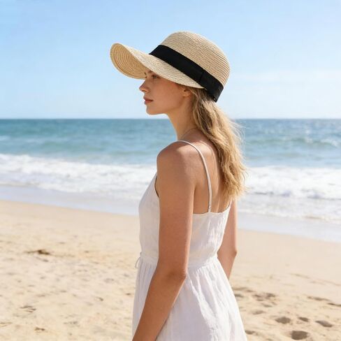 Foldable Floppy Straw Visor Hat Women's Solid Color Summer Sun Hat for Beach Travel & Casual Wear in Saudi Arabia