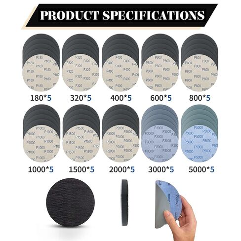 5 بوصة 51 قطعة من أقراص الصنفرة الرطبة والجافة ووسادة دعم من الفوم، ورق صنفرة مقاوم للماء من كربيد السيليكون لصنفرة مدارية عشوائية، تلميع معادن خشب السيارات والصنفرة 180-5000 حبيبات متنوعة in Kuwait