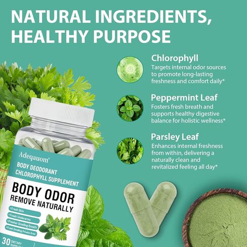 Chlorophyll Capsules Internal Body Deodorant Supplement for Women and Men for Gut Health, Fresh Breath, Skin Health, Detox & Digestion Support, Natural Odor Remove, Vegan, Non-GMO-30 Capsules in Saudi Arabia
