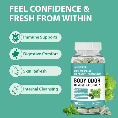 Chlorophyll Capsules Internal Body Deodorant Supplement for Women and Men for Gut Health, Fresh Breath, Skin Health, Detox & Digestion Support, Natural Odor Remove, Vegan, Non-GMO-30 Capsules in Saudi Arabia