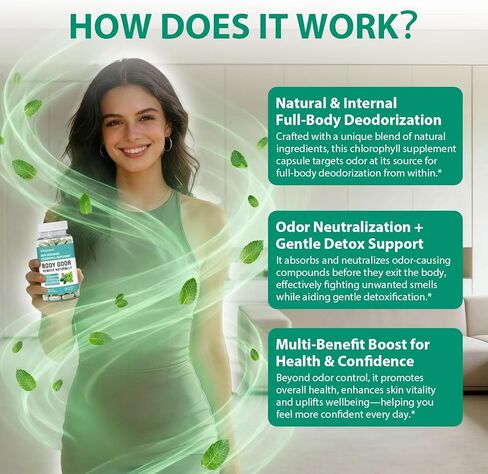 Chlorophyll Capsules Internal Body Deodorant Supplement for Women and Men for Gut Health, Fresh Breath, Skin Health, Detox & Digestion Support, Natural Odor Remove, Vegan, Non-GMO-30 Capsules in Saudi Arabia