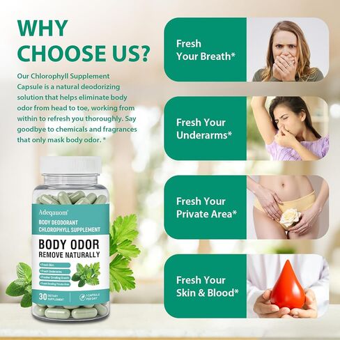 Chlorophyll Capsules Internal Body Deodorant Supplement for Women and Men for Gut Health, Fresh Breath, Skin Health, Detox & Digestion Support, Natural Odor Remove, Vegan, Non-GMO-30 Capsules in Saudi Arabia