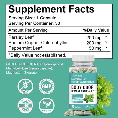 Chlorophyll Capsules Internal Body Deodorant Supplement for Women and Men for Gut Health, Fresh Breath, Skin Health, Detox & Digestion Support, Natural Odor Remove, Vegan, Non-GMO-30 Capsules in Saudi Arabia