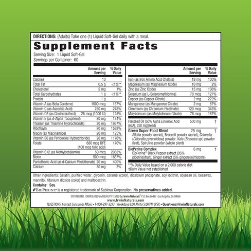 Irwin Naturals Only One Liquid-Gel Multi with Iron Daily Essential Vitamins, Minerals, Antioxidants, Omega-3s & Green Super Foods - 60 Liquid Softgels in Kuwait