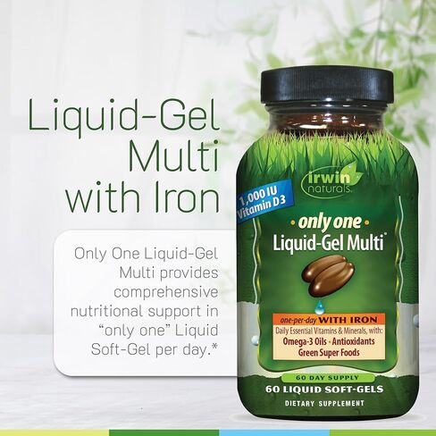 Irwin Naturals Only One Liquid-Gel Multi with Iron Daily Essential Vitamins, Minerals, Antioxidants, Omega-3s & Green Super Foods - 60 Liquid Softgels in Kuwait