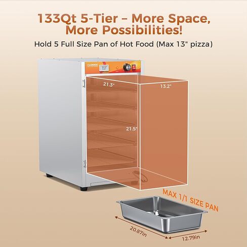 133Qt 5-Tier 900W سخان طعام تجاري مع عنصر تسخين من الفولاذ المقاوم للصدأ 304، باب زجاجي مفرد، رف قابل للتعديل، صندوق ساخن لتقديم الطعام الكهربائي، خزانة تثبيت ساخنة على سطح الطاولة in Kuwait