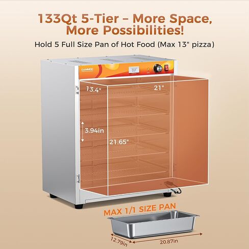 133Qt 5-Tier 900W سخان طعام تجاري مع عنصر تسخين من الفولاذ المقاوم للصدأ 304، باب زجاجي مزدوج المقسى، رف قابل للتعديل، صندوق ساخن لتقديم الطعام الكهربائي، خزانة تثبيت ساخنة على سطح الطاولة in Kuwait