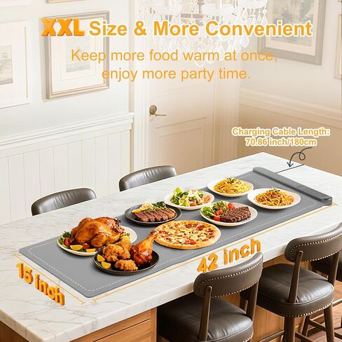 حصيرة تدفئة الطعام الكبيرة، XXL (42 بوصة × 15 بوصة) سجادة تسخين الطعام الكهربائية مع وسادة مقاومة للحرارة للكونترتوب، تسخين 6 مستويات لدرجة الحرارة ومؤقت 6 ساعات، صواني تسخين قابلة للطي لحفلات البوفيهات، رمادي in Kuwait