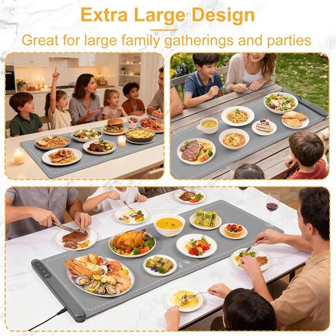حصيرة تدفئة الطعام الكبيرة، XXL (42 بوصة × 15 بوصة) سجادة تسخين الطعام الكهربائية مع وسادة مقاومة للحرارة للكونترتوب، تسخين 6 مستويات لدرجة الحرارة ومؤقت 6 ساعات، صواني تسخين قابلة للطي لحفلات البوفيهات، رمادي in Kuwait