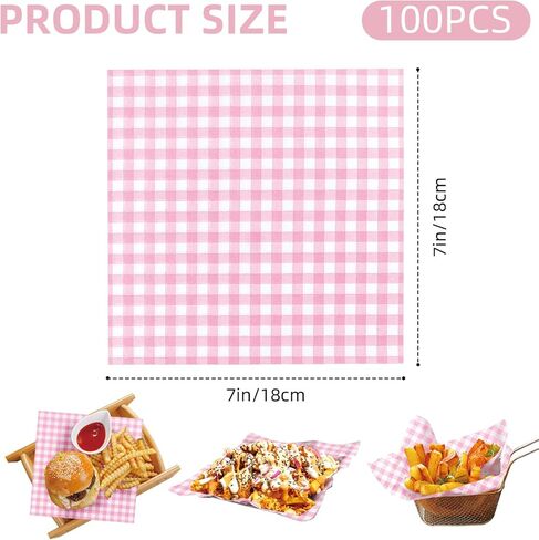 Waxed Deli Paper Sheets 7x7 Inch, 100 Pack Pink Checkered Sandwich Wrapping Paper, Greaseproof Basket Liners, Precut Deli Wrap Wax Sheets, Microwave Safe Burger/Hot Dog/BBQ/Food Truck/Party in Saudi Arabia