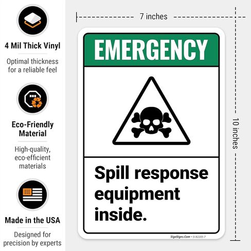 Emergency Spill Response Equipment Inside Sign, 10x7 Inches, 4 Mil Vinyl Decal Stickers Weather Resistant, Made in USA by Sigo Signs in Saudi Arabia