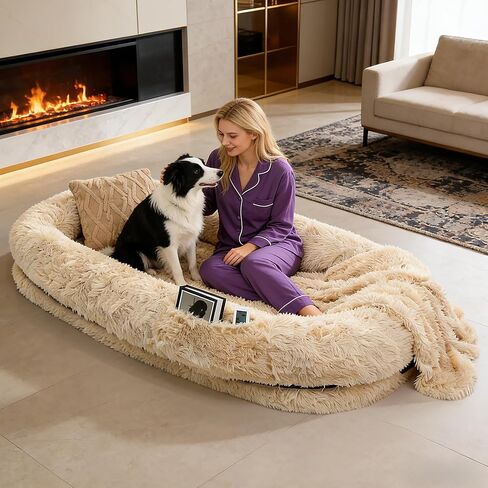 Human Dog Bed, 71''x45''x12'' Size Fits Adult and Pet Washable Giant People DogBed 10 CM Thick Memory Foam Large Oversize Dog Bed with Plump Pillow, Blanket, Strap - Grey in Saudi Arabia