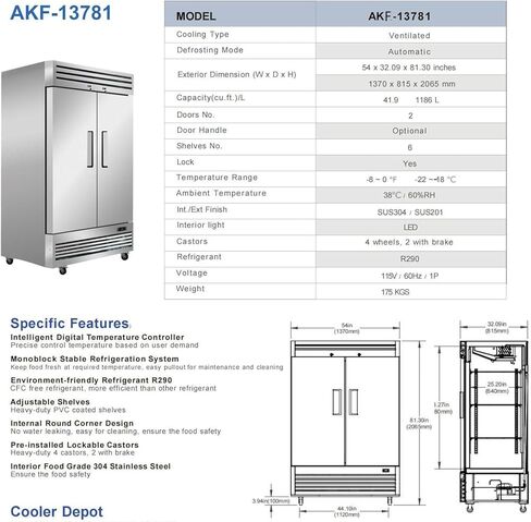 Commercial Freezer 2-Doors Solid Upright Reach in Two Section Stainless Steel NSF Certified 54" Width, Capacity 47Cuft, Restaurant Quality Kitchen -8°F Cold AKF-13781 in Kuwait