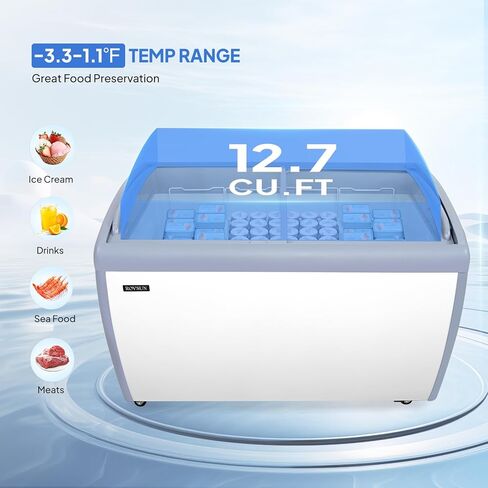 12.7 Cu.Ft Commercial Ice Cream Freezer, 50" Chest Freezer Glass Top Display Case w/Removable Baskets Lockable Wheels Sliding Door for Store Supermaket ETL NSF Certified in Saudi Arabia