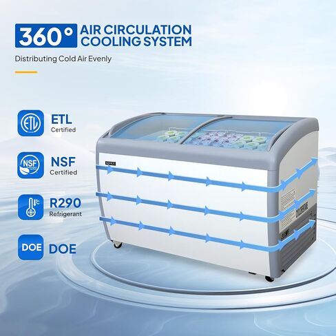 12.7 Cu.Ft Commercial Ice Cream Freezer, 50" Chest Freezer Glass Top Display Case w/Removable Baskets Lockable Wheels Sliding Door for Store Supermaket ETL NSF Certified in Saudi Arabia