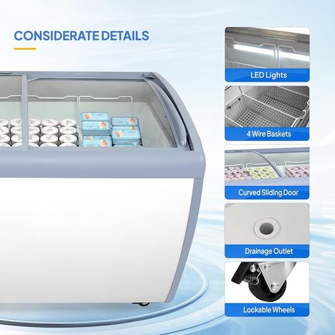 12.7 Cu.Ft Commercial Ice Cream Freezer, 50" Chest Freezer Glass Top Display Case w/Removable Baskets Lockable Wheels Sliding Door for Store Supermaket ETL NSF Certified in Saudi Arabia
