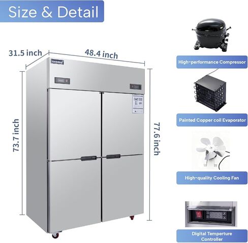 ICECASA 48" W Commercial Refrigerators and Freezer Combo Reach-in 4 Split Doors Upper & Lower Storage Design 33 Cu.ft Stainless Steel Fan Cooling for Restaurant, Bar, Shop, etc in Saudi Arabia