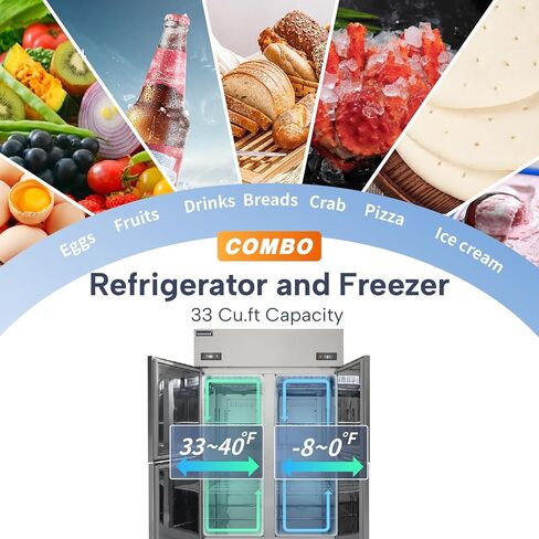 ICECASA 48" W Commercial Refrigerators and Freezer Combo Reach-in 4 Split Doors Upper & Lower Storage Design 33 Cu.ft Stainless Steel Fan Cooling for Restaurant, Bar, Shop, etc in Saudi Arabia