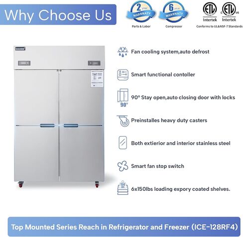 ICECASA 48" W Commercial Refrigerators and Freezer Combo Reach-in 4 Split Doors Upper & Lower Storage Design 33 Cu.ft Stainless Steel Fan Cooling for Restaurant, Bar, Shop, etc in Saudi Arabia