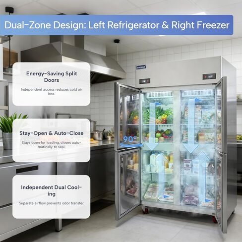 ICECASA 48" W Commercial Refrigerators and Freezer Combo Reach-in 4 Split Doors Upper & Lower Storage Design 33 Cu.ft Stainless Steel Fan Cooling for Restaurant, Bar, Shop, etc in Saudi Arabia