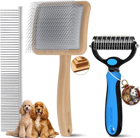 Large Slicker Brush for Dogs - 3PC Pet Grooming Kit - Undercoat Rake & Stainless Comb | Long Pins Remove Mats on Poodles, Golden, Labradoodles | Thick Coat Deshedder for Dogs, Cats, Oak in Kuwait