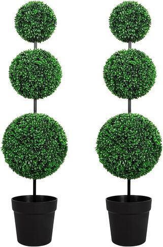 4FT Artificial Triple Ball Topiary Trees with Gray Planter Pot, Outdoor Indoor Realistic Faux Shrubs Plants, Fake Trees for Home Offices Porch Decor, Set of 2 in Saudi Arabia