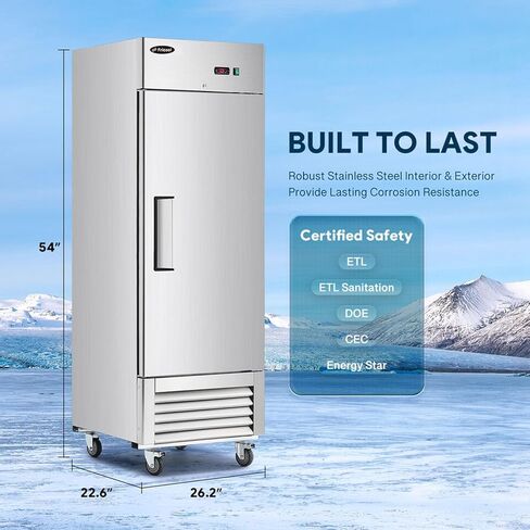 27 Inch Upright Commercial Refrigerator, Stainless Steel Single Door, 23 Cu.Ft, 3 Adjustable Shelves, Digital Temperature Control, NSF/ETL Certified, with Casters for Restaurant, Bar, Kitchen in Kuwait