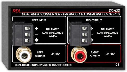 RDL TX-A2D Dual-Channel Balanced-to-Unbalanced Line Level Audio Converter, Transformer Isolation, Terminal Block Inputs and RCA Outputs, Stereo Input to Stereo Output in Kuwait